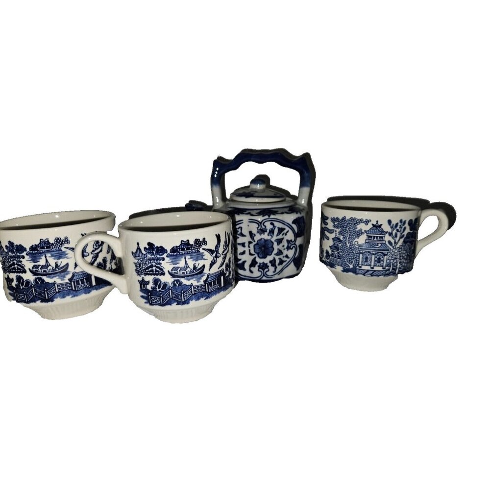 Tea Set Blue White Willow Phoenix Scene Teapot 3 cups